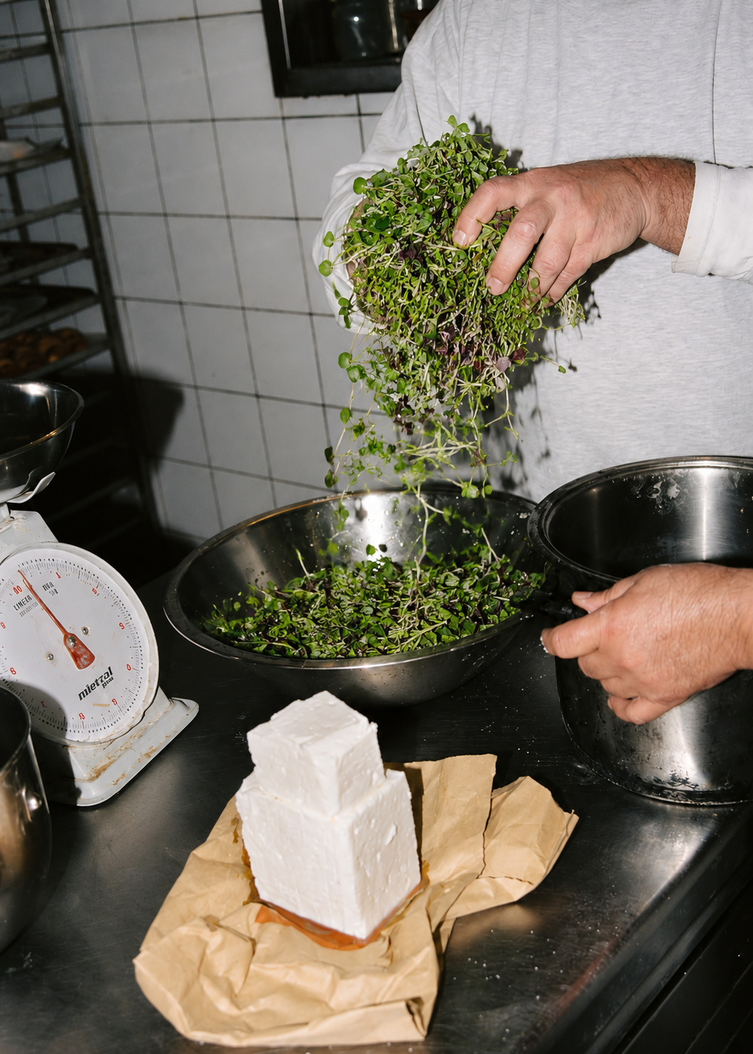 Chef finishing a bowl with microgreens